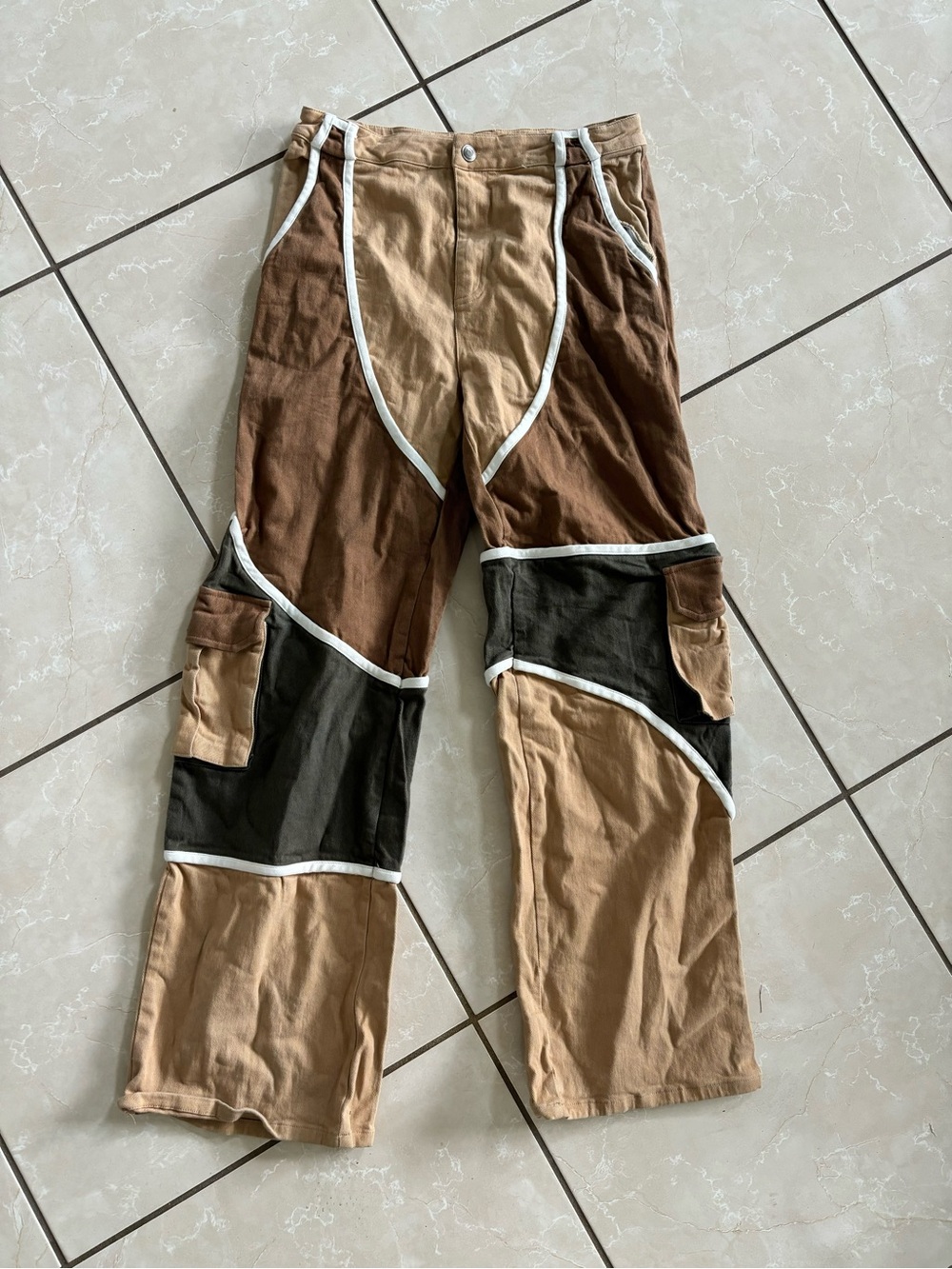 Brown, green and white cargo pants